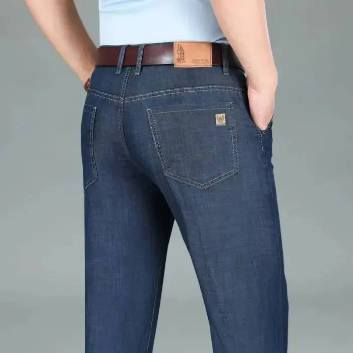 2026 New Seasons Lightweight Fit Straight Men's Jeans Classic Business Clothes Thin Cotton Elastic High Waist Casual