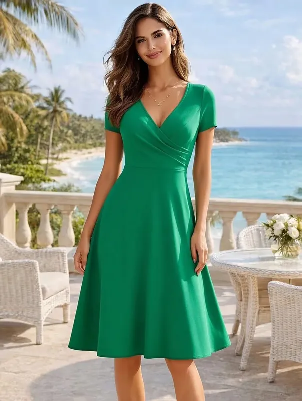 Abito da donna elegante girocollo estivo manica corta tinta unita linea A al ginocchio abito a vita alta spavaldo matrimonio festa partenza casual