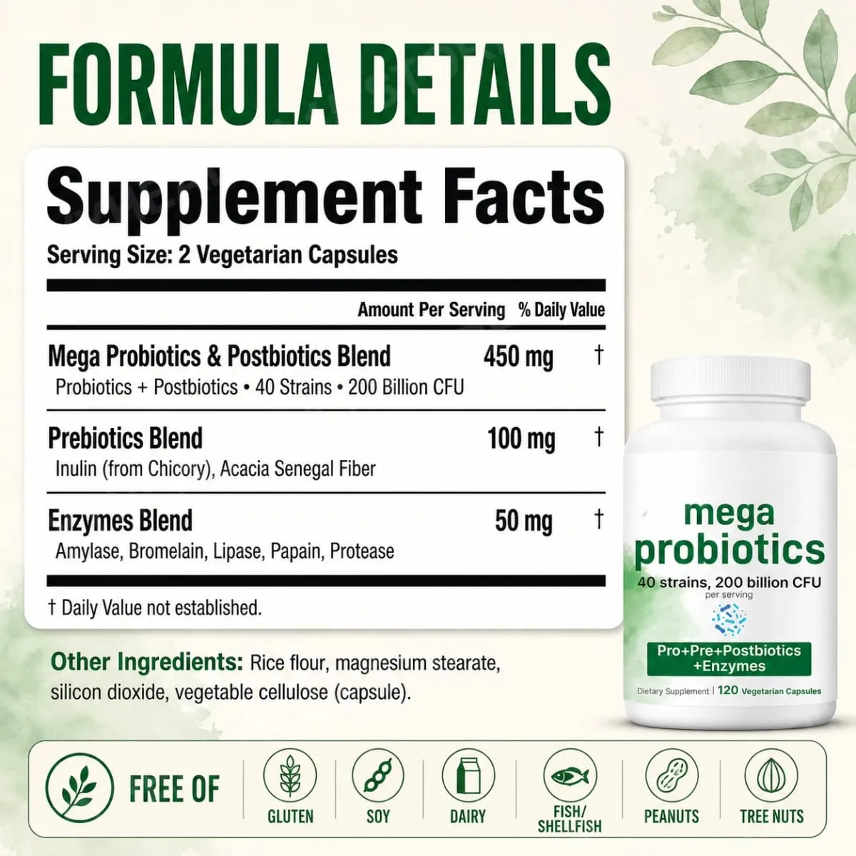 Probiotics Capsules 200 Billion CFU 40 Strains Prebiotics Digestive Enzymes Gut Health Supplement 120 Veg Capsules Men Women
