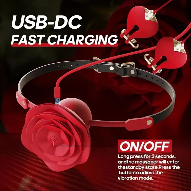 Forced Orgasm New Rose Mouth Ball Collar Leash Nipple Clamp Vibrator BDSM Couple Foreplay Masturbation Silicone Sex Toy Set
