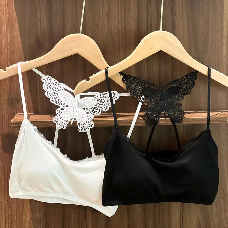 Flattering Slim Crop Top Women Lace Butterfly Back Cami Top Padded Built Bra Spaghetti Strap Sleeveless Tank Inner Underwear