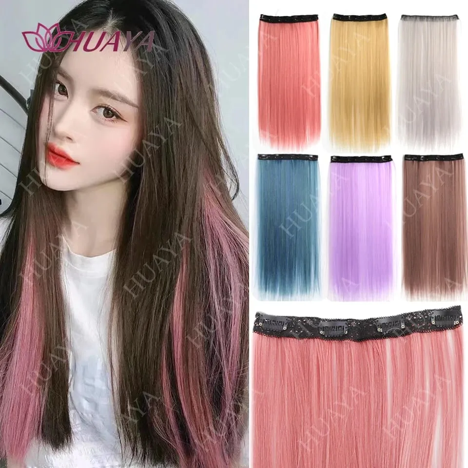 SyntheticColored Hair Extensions 20Inch Cosplay Hairpiece Straight One Piece With 4Clips In Hair Extensions for Women Halloween
