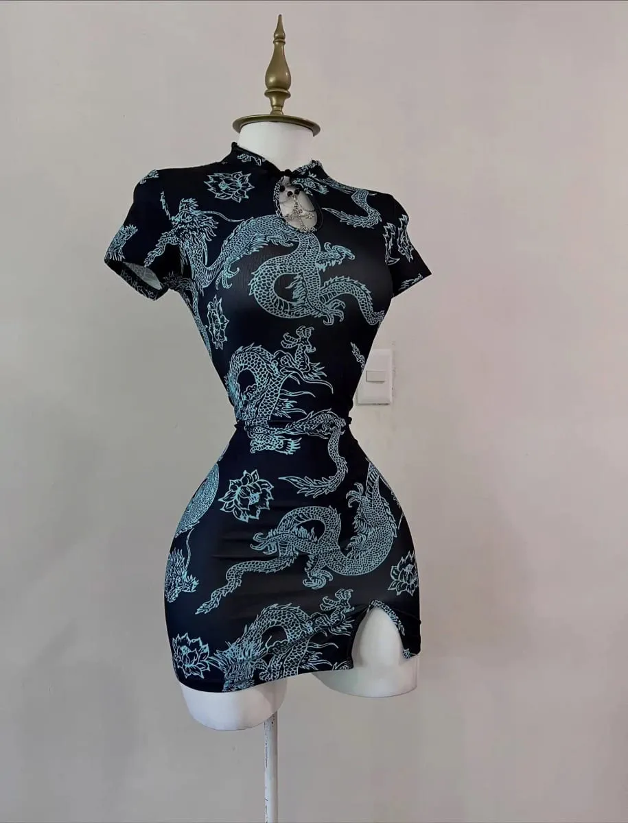 National Trend Style Dragon Pattern Improved Cheongsam Short-Sleeved Stand-Up Collar with Buttoned Sexy Slit Short Skirt