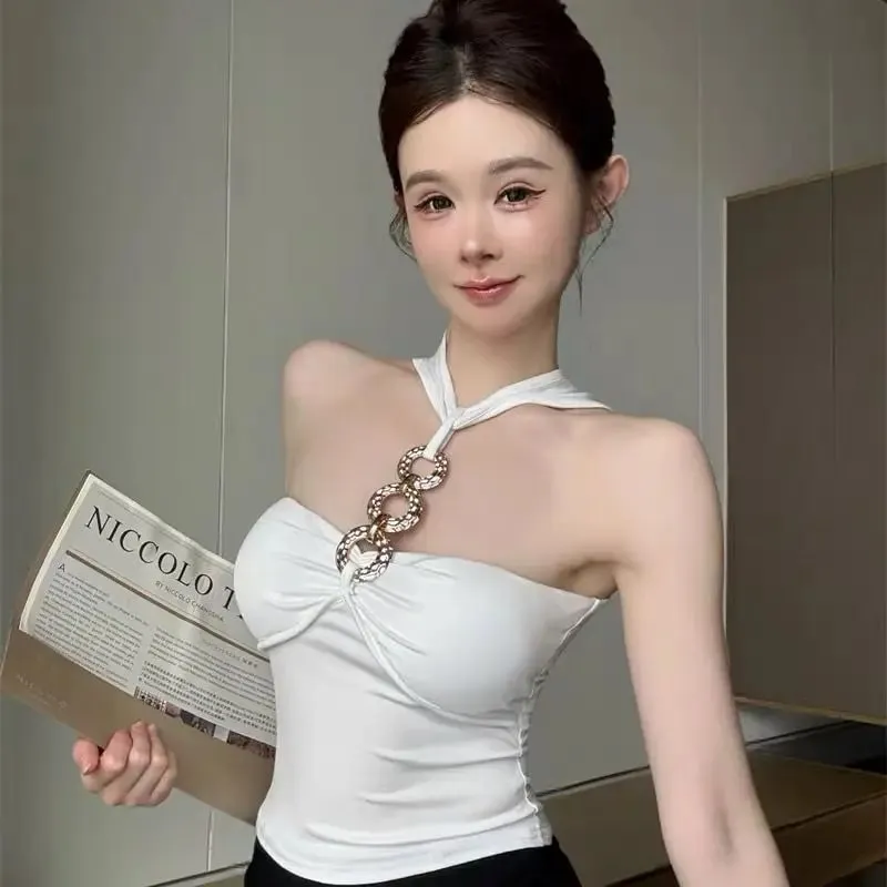 Fashion Sexy One Piece With Chest Pad Slim Versatile Camis Women's 2026 Summer New Chain Halter Tank Top