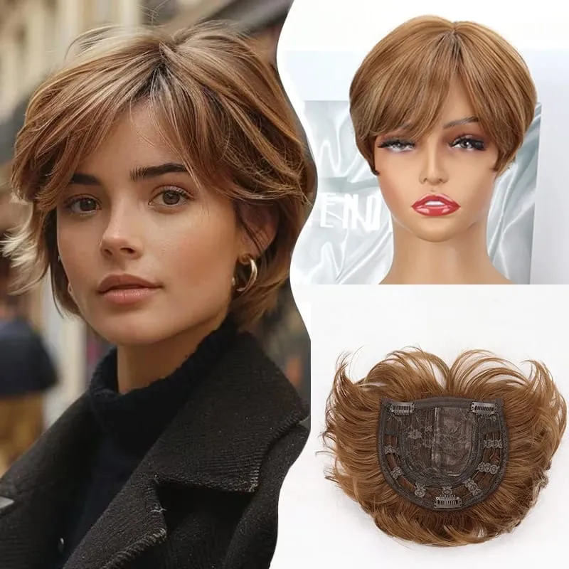 6Inch Synthetic Short Straight Hair Toppers for Thinning Hair Texture Clip-In Adds Volume Hairpiece for Women Daily Use