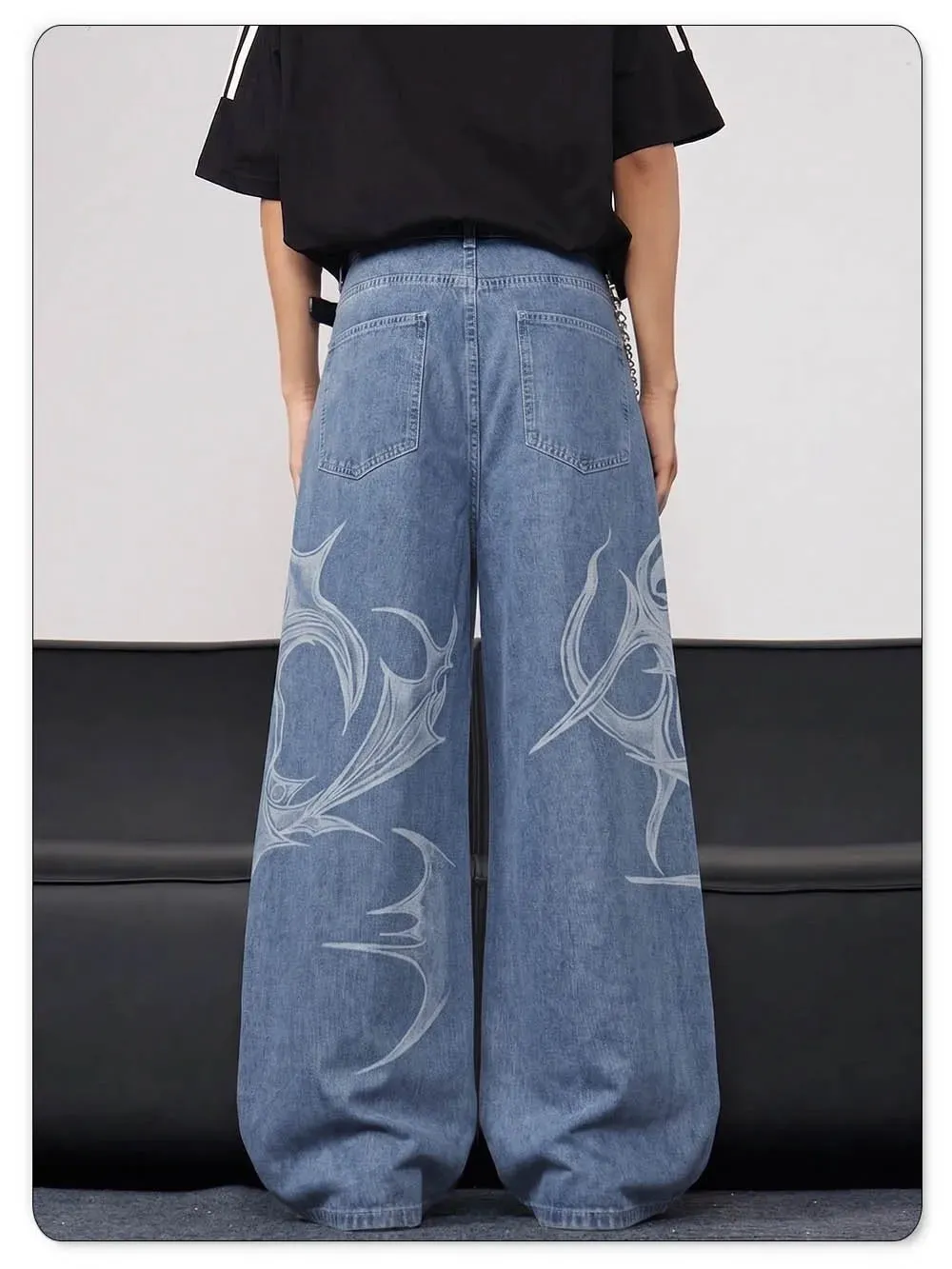 Men's Casual Spiral Graffiti Print Hip Hop Oversized Baggy Wide Leg Jeans Trendy Casual Slop Lazy Street Daily Denim Pants