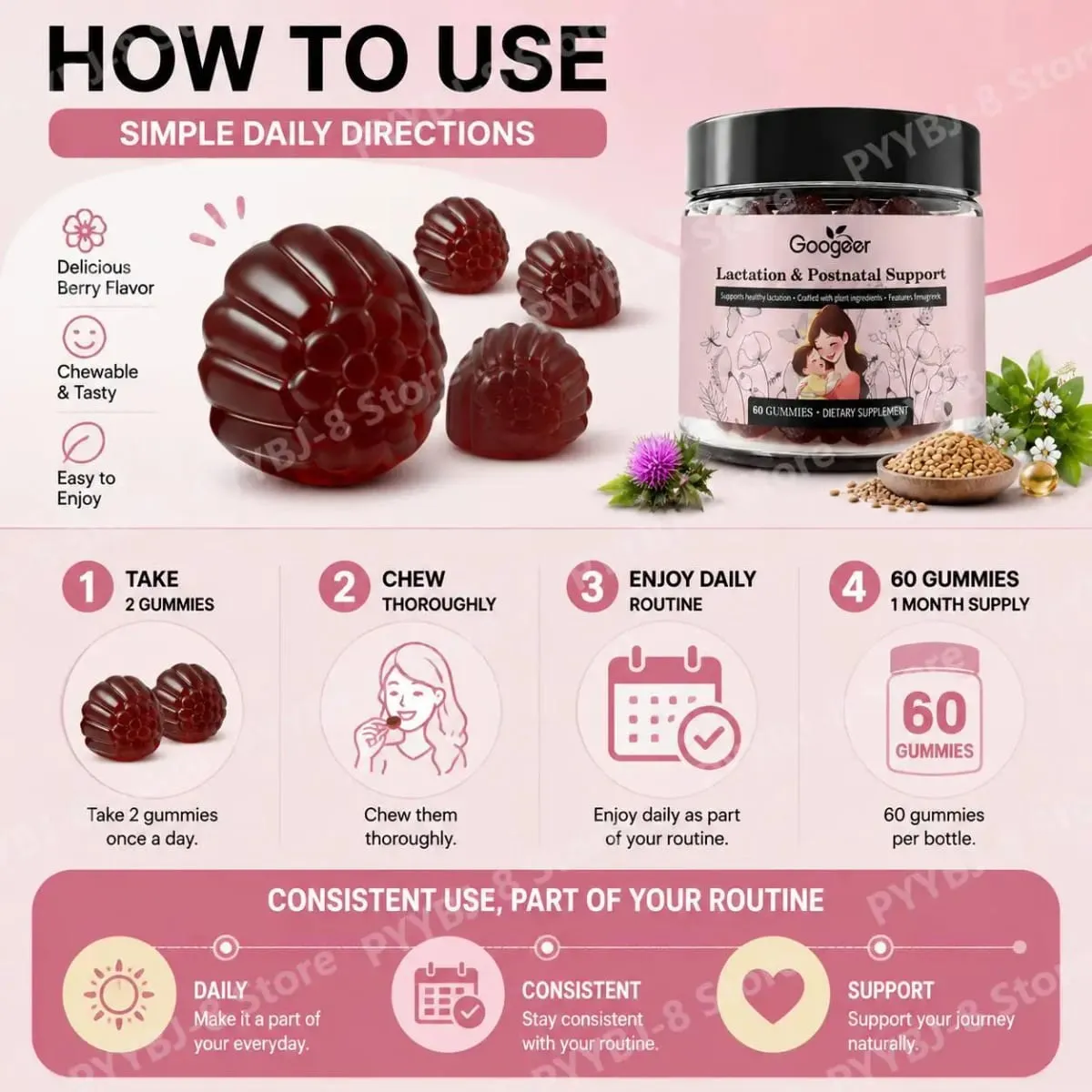 Googeer Lactation Support Gummies with DHA and Choline Fenugreek and Fennel Extract Moringa for Postnatal Nutrition 60 Gummies