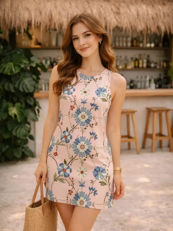 Bayan Çiçekli Kolsuz A Line Mini Elbise Yuvarlak Yaka Rahat Sundress Tatil Brunch Veranda Yürüyüşü ve Günlük Giyim Konforu için — image 10
