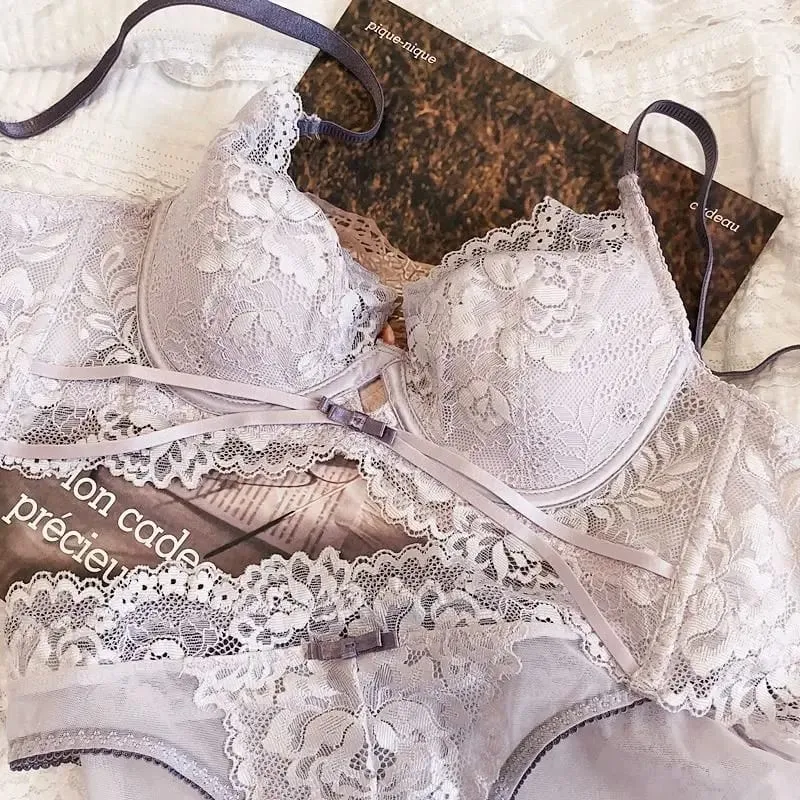 2 pièces été mince tasse soutien-gorge Sexy dentelle creux ensemble de sous-vêtements pour les femmes broderie française Lingerie Push Up brassière culotte ensemble