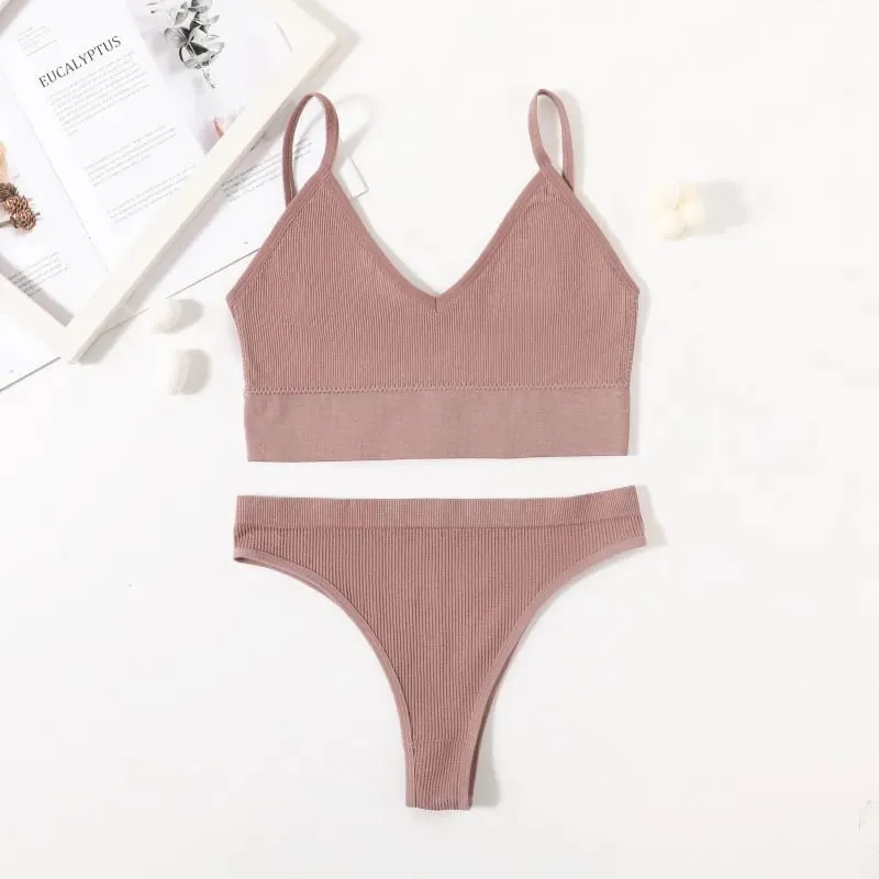 Women Seamless Bra And Panties Set Low Waist High Leg Cut Thongs Non-Wire Bra Top Sexy Lingerie Ladies U-Back Underwear Set
