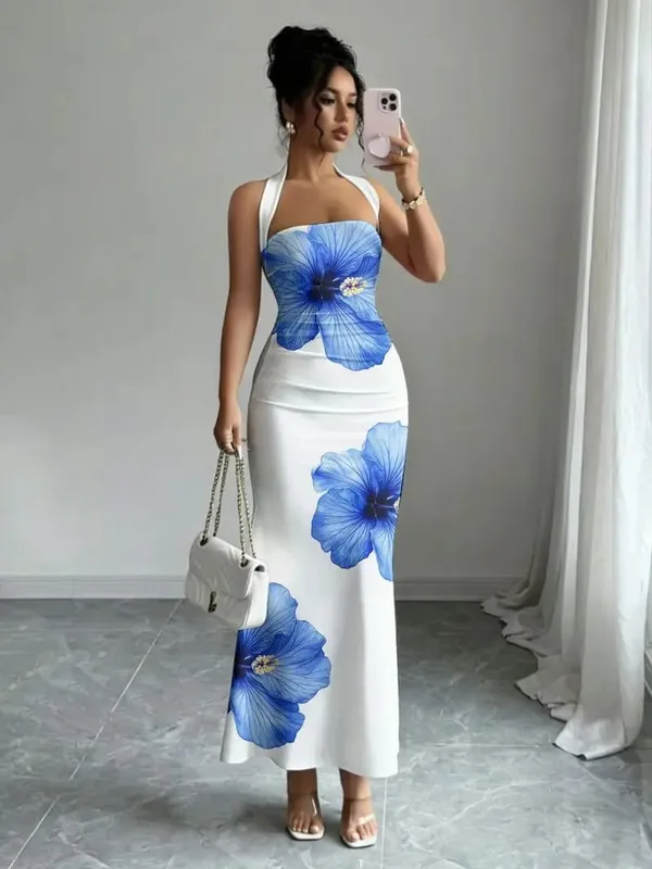 Slim Fit Hanging Neck Strapless Long Skirt Waist Cinching Elastic Hip Hugging Vacation Style Dress for Women