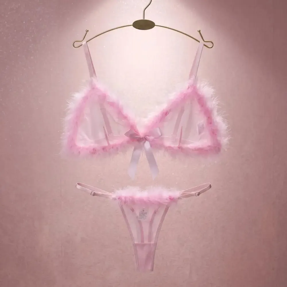Underclothes Furry Women's Underwear Wireless Mesh Transparent Lingerie Set Bow Decor Romantic Intimate Bra Panties Suit Home