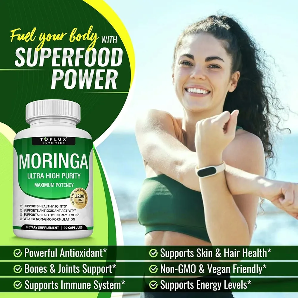 Moringa Capsules 1200mg - Pure Moringa Powder Oleifera Leaf Superfood Rich in Antioxidant Skin Health & Immune Support Vegan