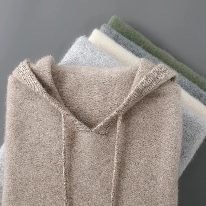 DjzDsm Autumn Winter Men's Sweater 100% Merino Wool Thick Hooded Pullover Soft Knitwear Casual Comfort Wool Clothing Tops
