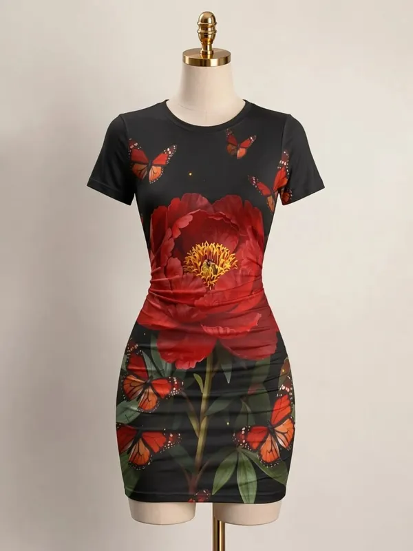 Womens Short Sleeve Bodycon Mini Dress Slim Fit Crew Neck Floral Print Casual Summer Party Cute Casual Weekend Vacation Sundress