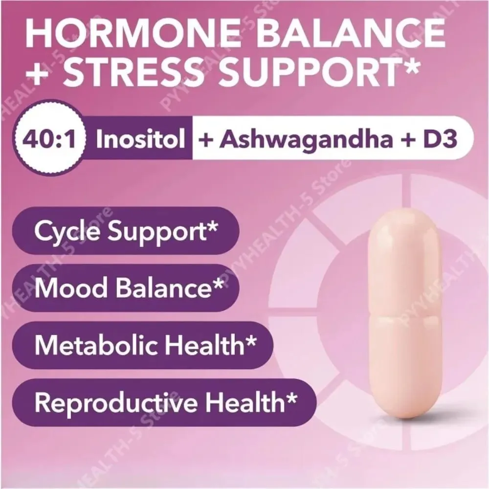 40:1 Myo-Inositol and D-Chiro Inositol Capsules Vitamin D3 Ashwagandha 120 Count Daily Wellness Supplement