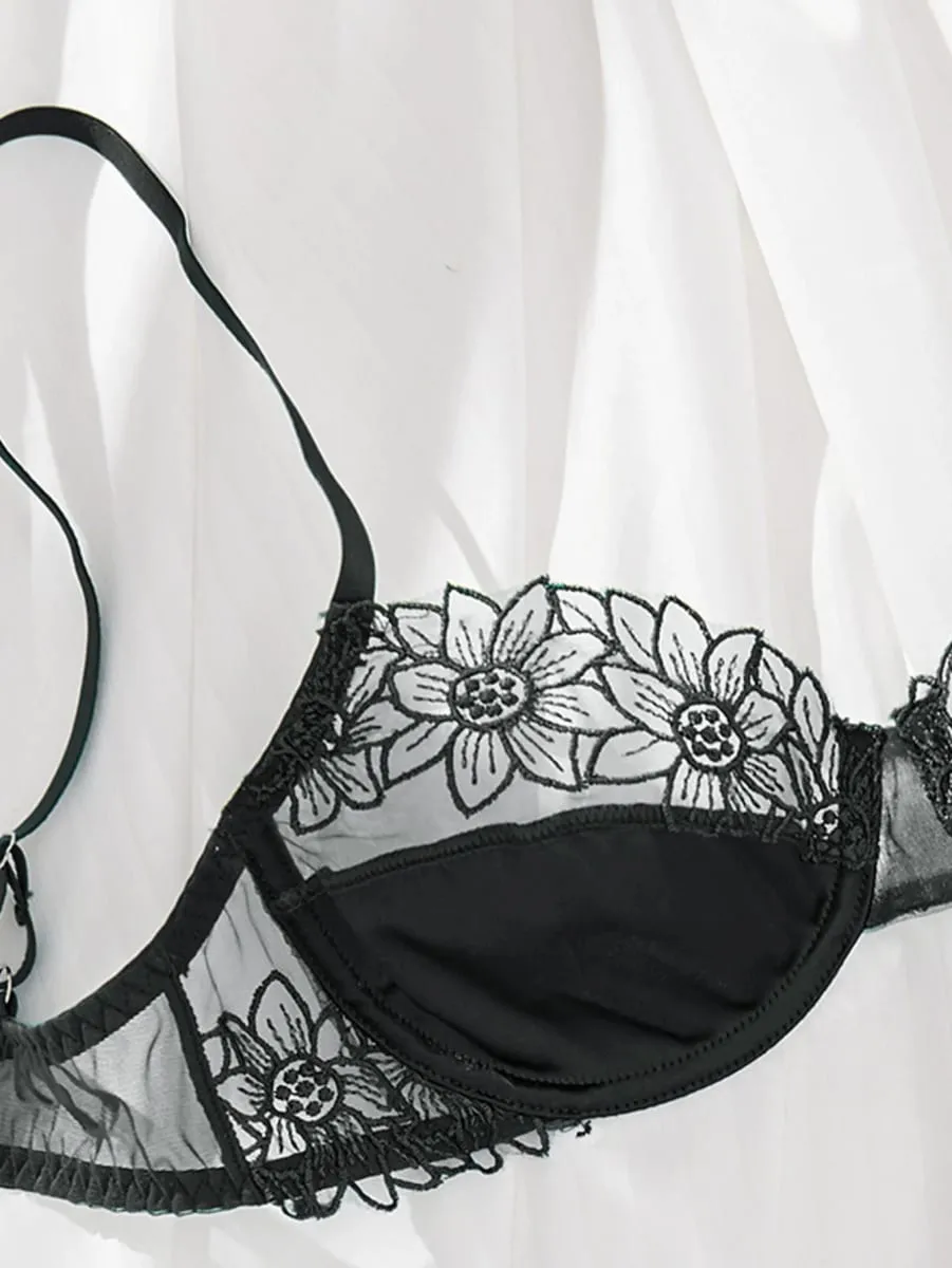 Hot-Selling 2-Piece Floral Embroidery Sexy Bra Set - Sunflower Embroidered Underwired Semi-Sheer Lingerie Set Ideal for Dates