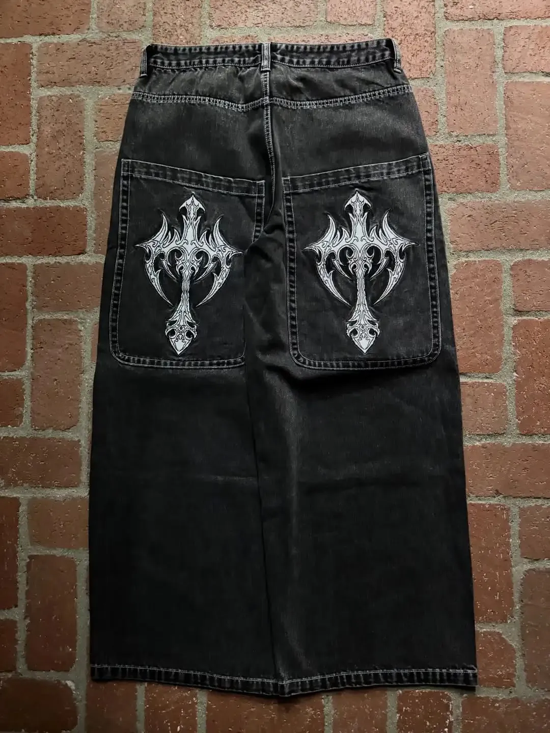 Men Gothic Cross Print Black Denim Baggy Pants Mid Waist Big Pocket Design Loose Fit Hip Hop Streetwear Jeans for Daily Casual
