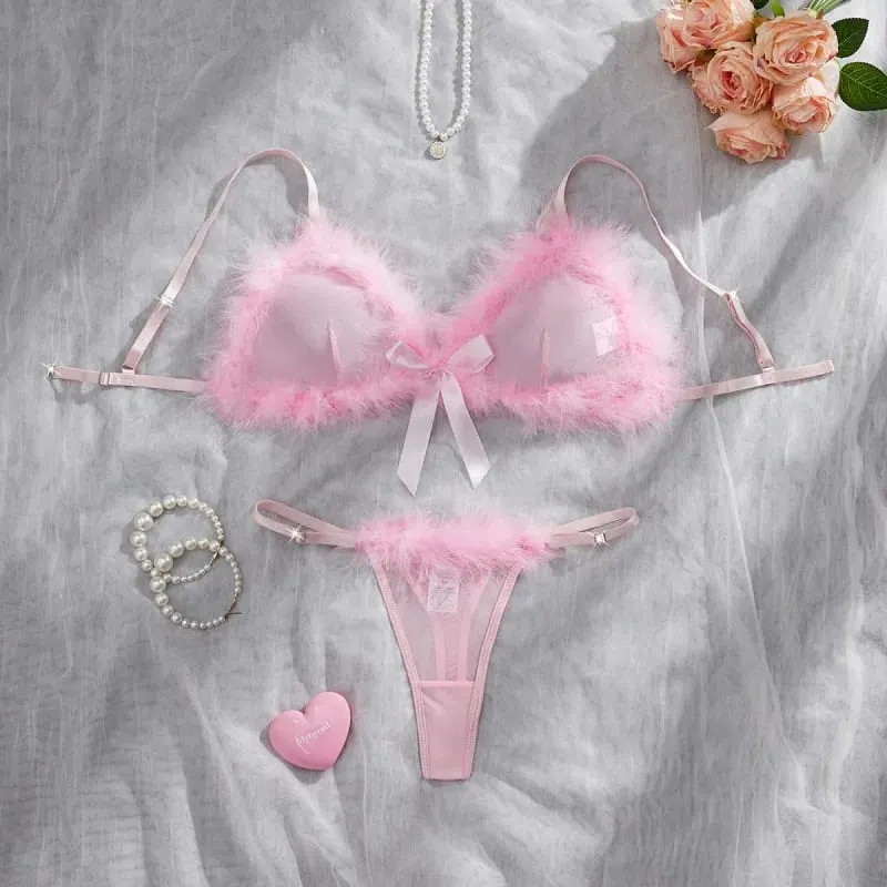 Valentine Lingeries Sexy Hot Cute Bra Hilitos 2PC Romantic Intimate Fluffy Decor Pure Desire Fantasy Women's Underwear