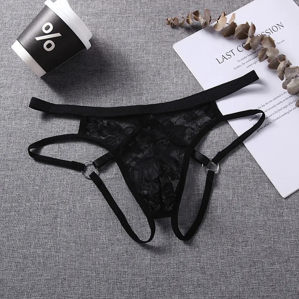 Sous-vêtements Sexy pour hommes, string, Lingerie exotique, culotte en dentelle transparente, pochette ajourée, motif floral, ceinture réglable — image 6