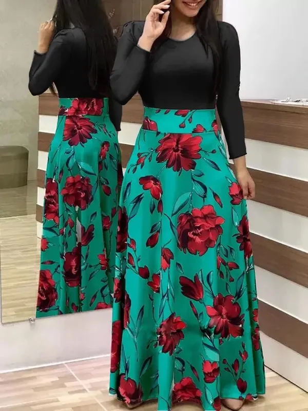 2024 Vestido de manga corta a juego con estampado de flores de estilo europeo y americano para mujer, falda con vuelo grande