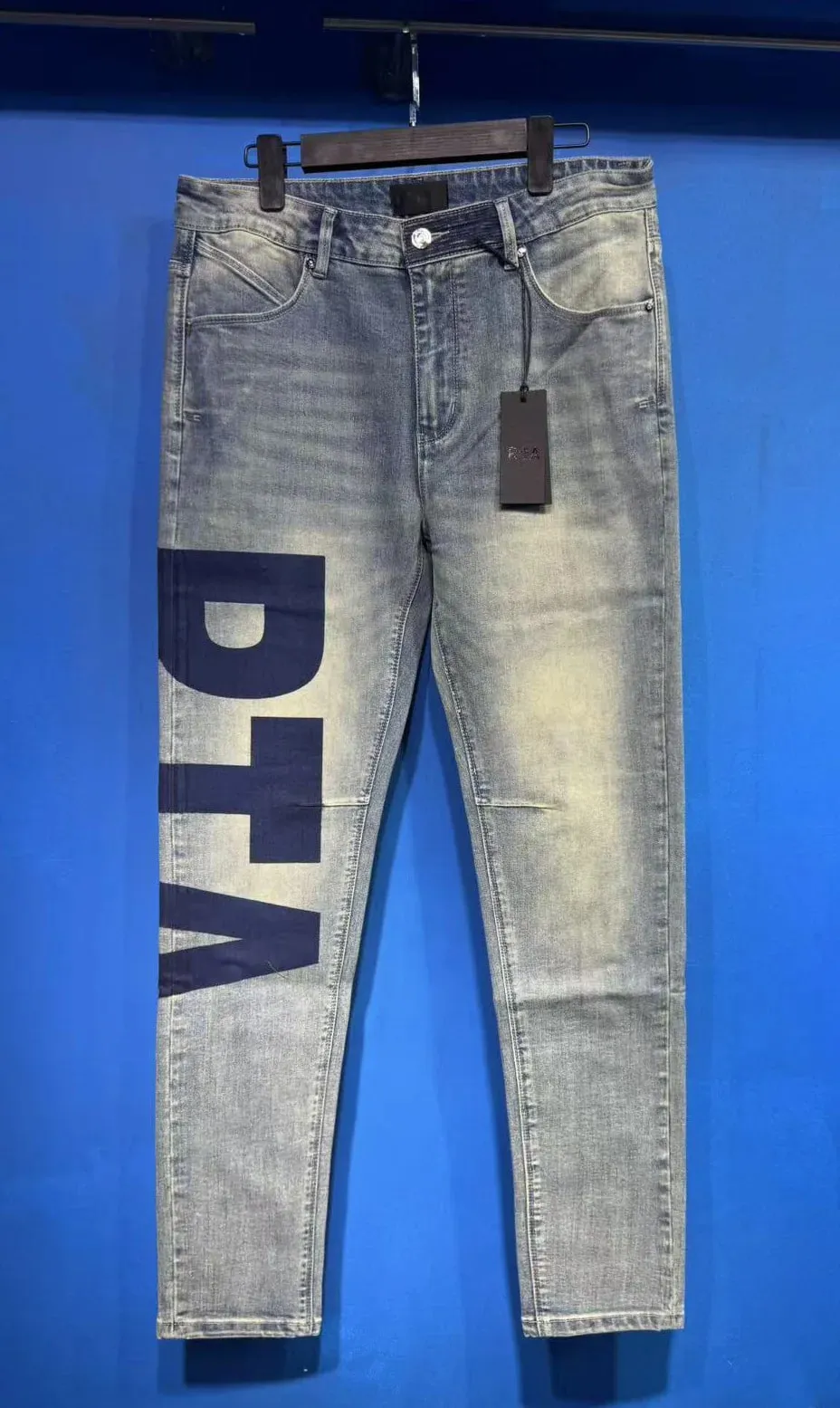 New RTA Destroyed Scratch Hole Light Blue Distressed Jeans Men's High Street Elastic Slim Fit Jeans 2026 Brand Pants Streetwear