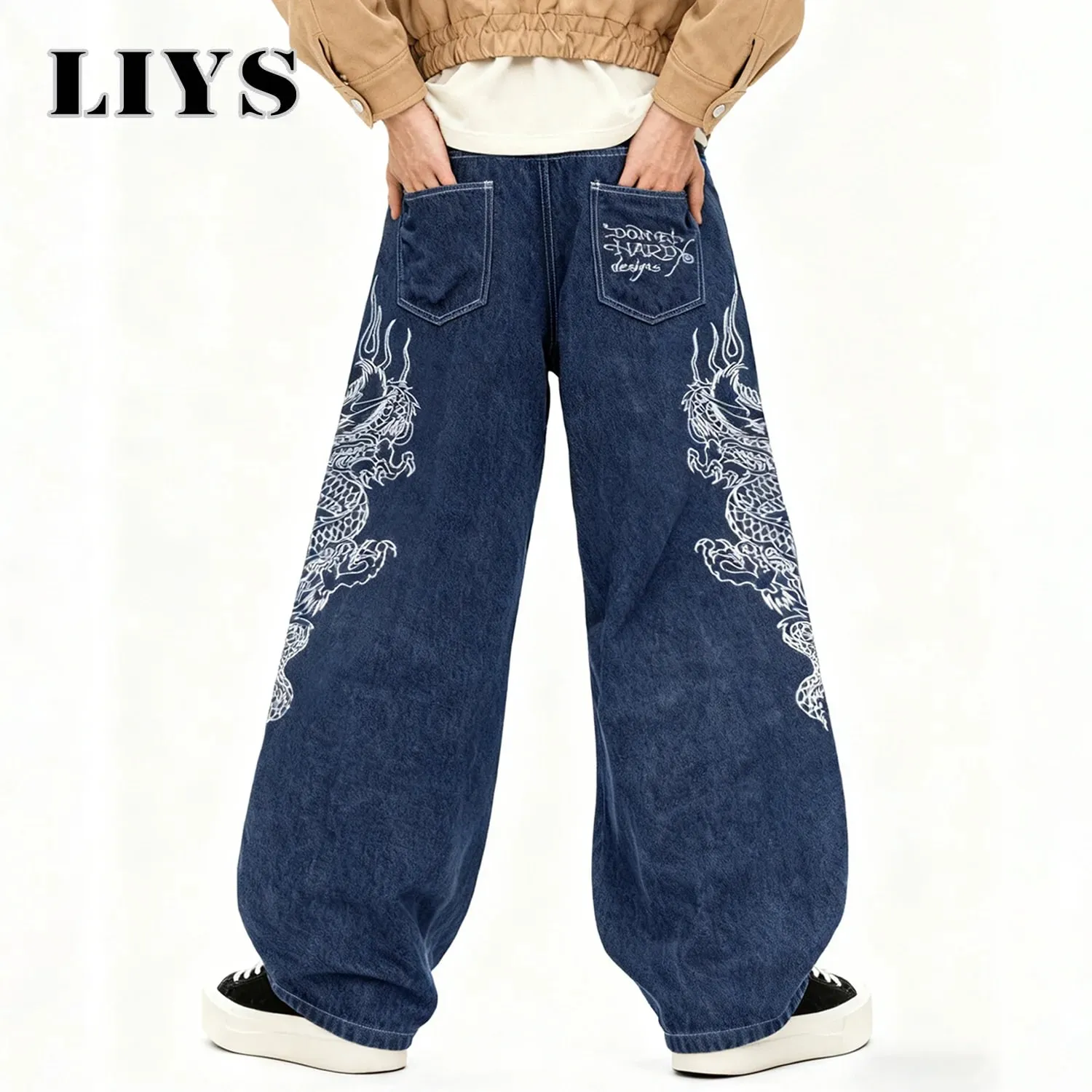 Korean Street Blue Baggy Wide Leg Men's Jeans Personalized White Dragon Pattern Embroidery Denim Pants Gothic Male Jeans Unisex