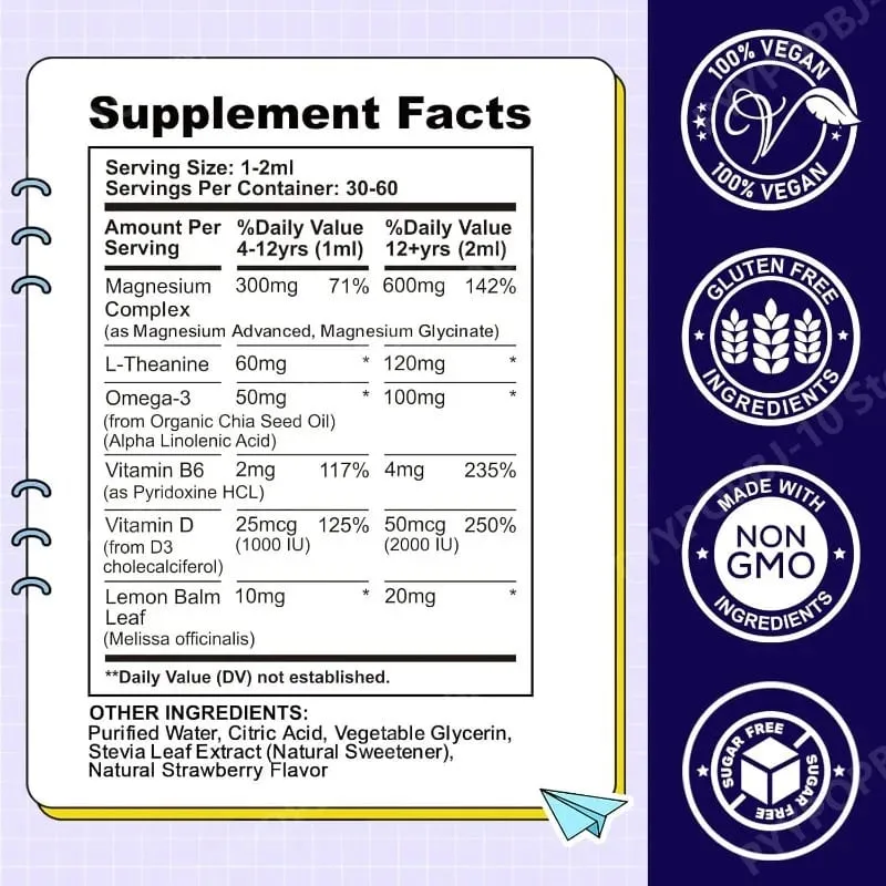 Titisan Cecair Magnesium Glycinate Kanak-kanak dengan L-theanine Omega-3 Vitamin B6 D3 untuk Relaksasi Tidur 2 Fl Oz Perisa Strawberi