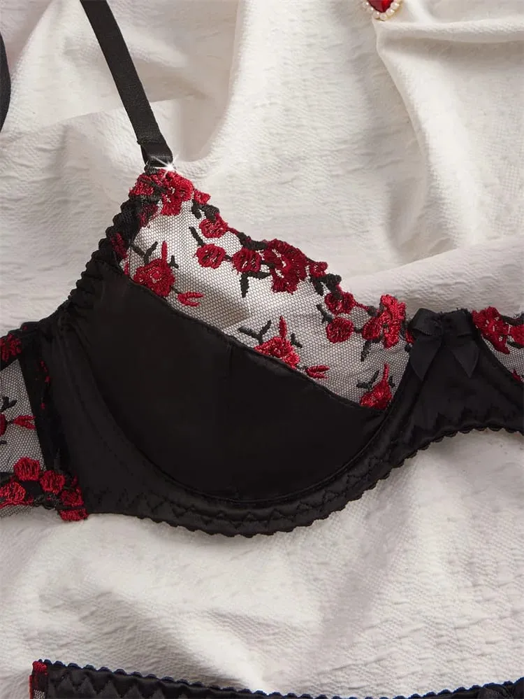 Sexy Lingerie Rose Embroidery Romantic Women's Underwear Tulle Splicing See Through Lingerie Set Ultra Thin Seamless Underwear
