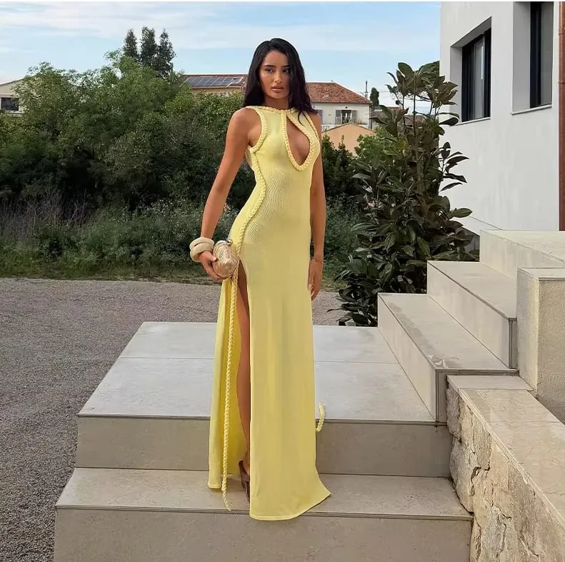 Women Elegant High Slit Hem Maxi Dress Braided Trim Sleeveless Backless Keyhole Neckline Solid Dresses Summer Sexy Fashion Gown