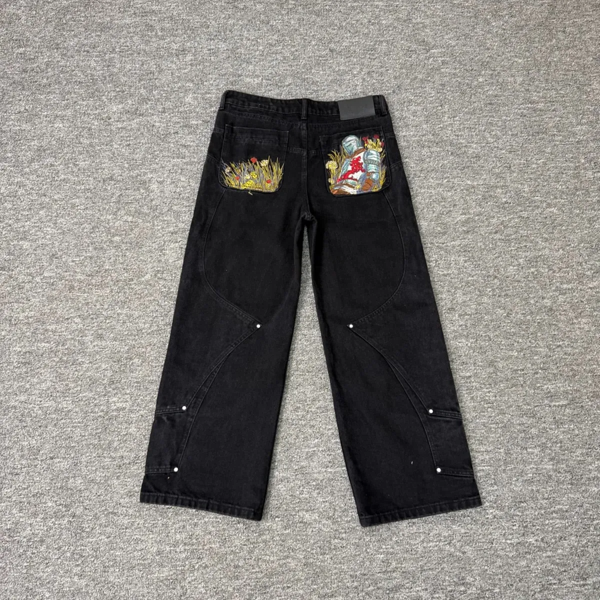 Streetwear Floral Embroidery Washed Baggy Jeans Pants for Men and Women Straight Casual Loose Denim Trousers Oversized