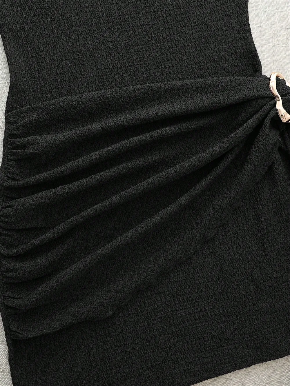 Women's Elegant Texture Fabric Pleating Waist Sice Ribbon Slim Fit Mini Dresses Casual Metal Buckle Solid Color Dress Summer