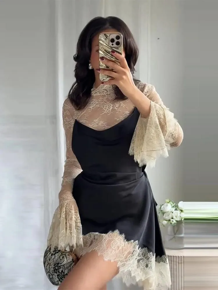 Elegant Women's Lace Trim Satin Dress High Neck Bell Sleeve Vintage Black Party Clubwear Chic Cocktail Mini Dresses Chic Outfit