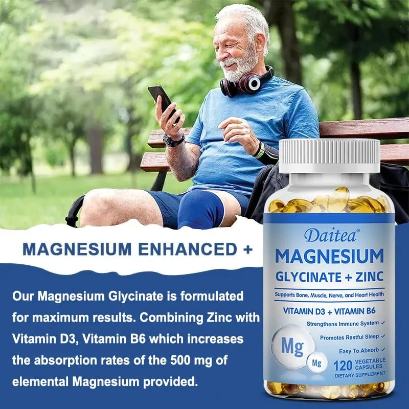 Magnesium Glycinate 500mg Capsules High Absorption with Zinc Vitamin D3 B6 Supports Bone Muscle Nerve and Heart Health