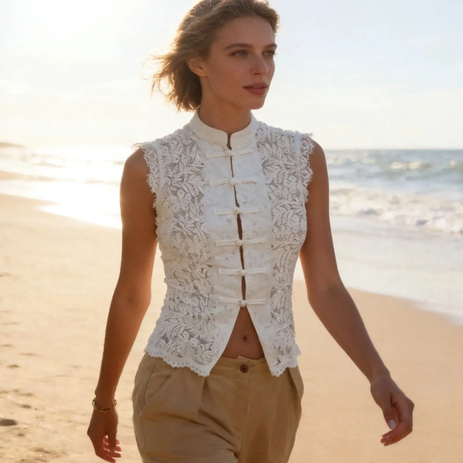 Y2K Aesthetic Solid Color Lace Crop Top Sleeveless Chinese Frog Button Vest Women's Summer Party Streetwear — image 6