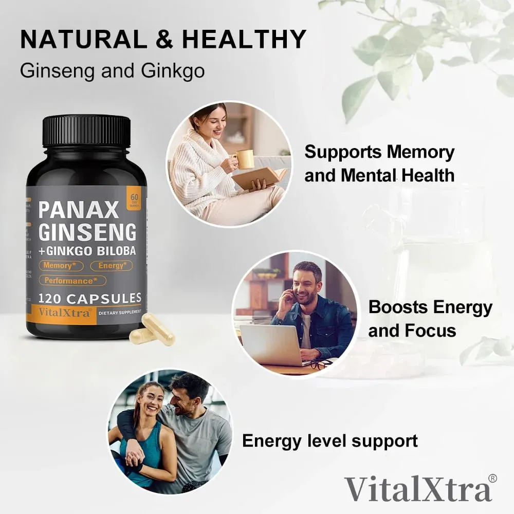 Panax Ginseng + Ginkgo Biloba 120 Vegan Capsules Supports Heart Health and Muscle Function Athletic Performance