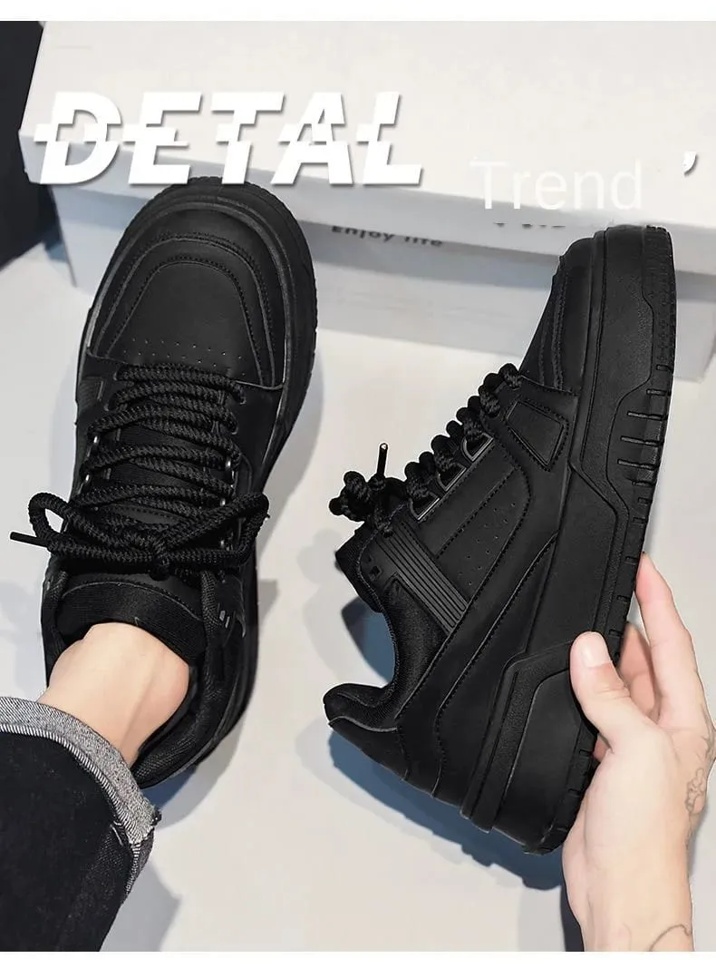 Men's Spring Autumn Unique Design Versatile Casual Pure Black Sneakers Teen Sports Thick Bottom Heightening Trendy Loers