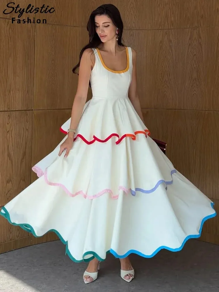 Fashion Contrast Ruffle Maxi Dress Women Sexy U Neck Sleeveless High Waist Loose Long Dresses 2026 Spring Summer Lady Boho Robe