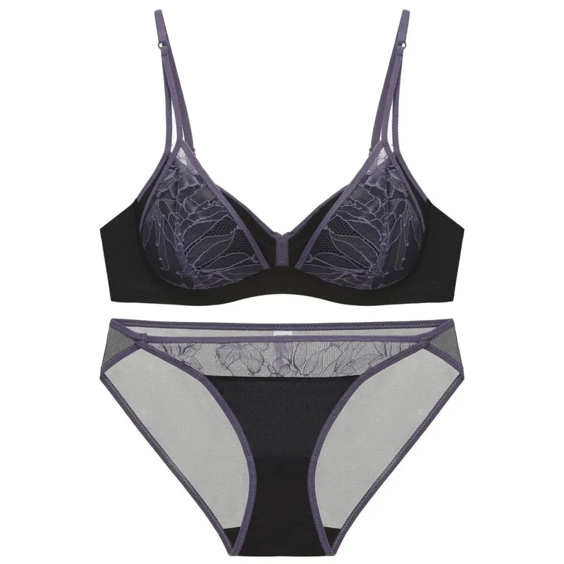 Conjunto de lencería Sexy de estilo para mujer, sujetador inalámbrico push-up de retazos de encaje fino en contraste con tirantes dobles para busto pequeño