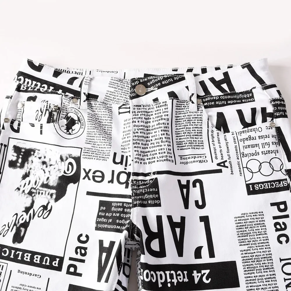 Men Newspaper Print Jeans Fashion Letters White Denim Pants Casual Slim Tapered Costume Trousers