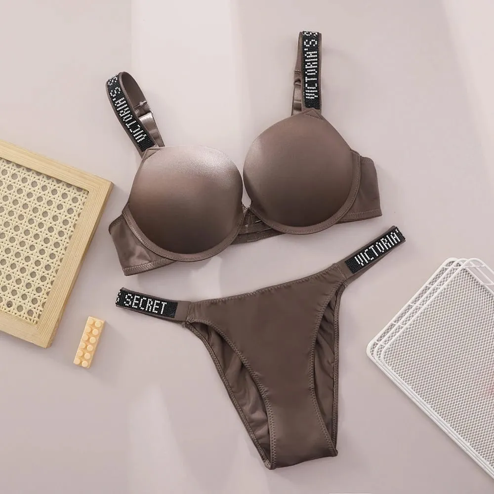 Victoria Secret Shine Script Thong Panty Very Sexy Logo Shine Strap Push Up Bra Set Sexy Women Lingerie Hot