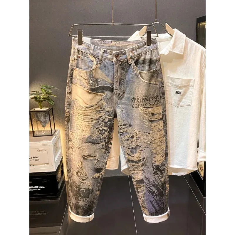 American high-end retro printed design jeans men's 2025 autumn new cool and loose straight leg long pants
