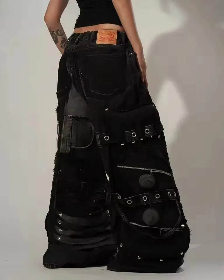 Czarne, luźne dżinsy Cargo mężczyźni kobiety ciężki, z wieloma kieszeniami na zamek błyskawiczny detale Streetwear modne spodnie na co dzień szerokie nogawki luźny krój miękkie Y2K