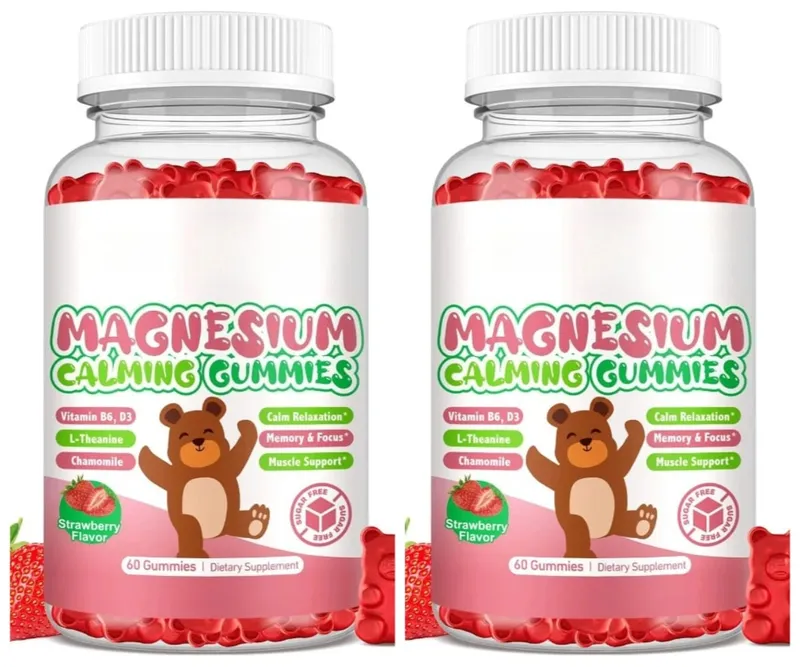Magnesium Glycinate Gummies Strawberry Flavor with L-Theanine Vitamin B6/D3 Helps Reduce Stress and Support Muscle & Bone Health