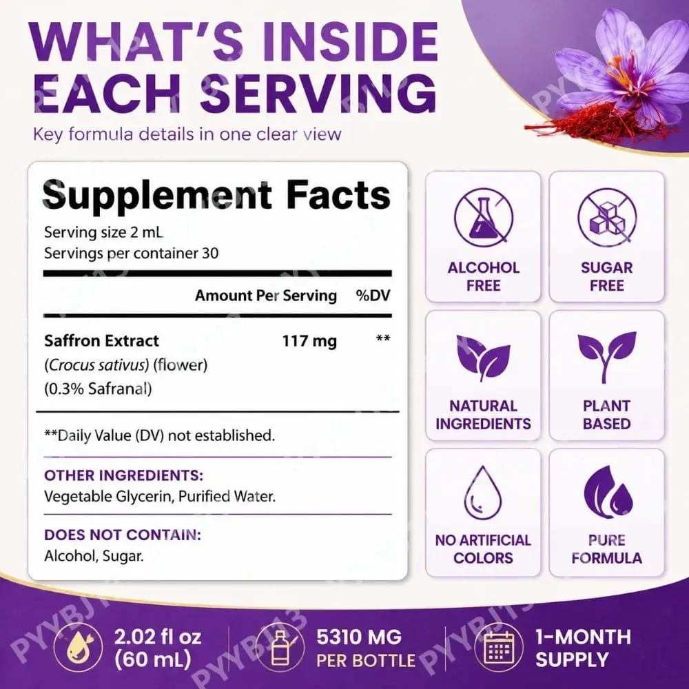 Saffron Extract Liquid Drops 117mg per Serving for Antioxidant Balanced Mood Healthy Sleep & Premenstrual Comfort Support 60ML — image 3