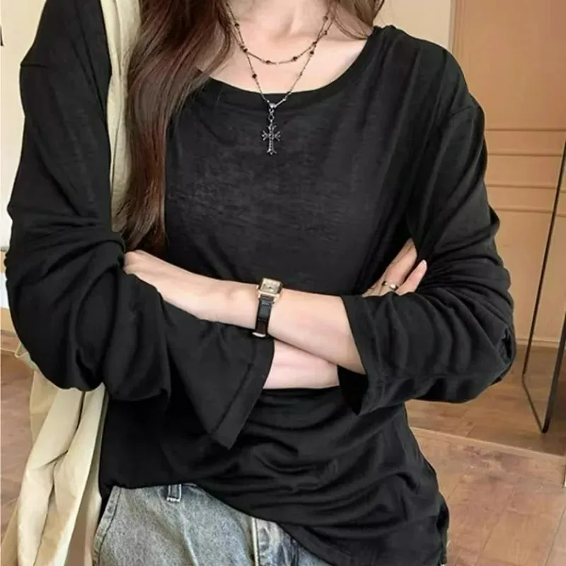 Sheer Baggy T-shirt Streetwear Off Shoulder Top Summer Sunscreen Pullover Shirt Women Loose Sheer T-shirt Long Sleeve Lazy Shirt