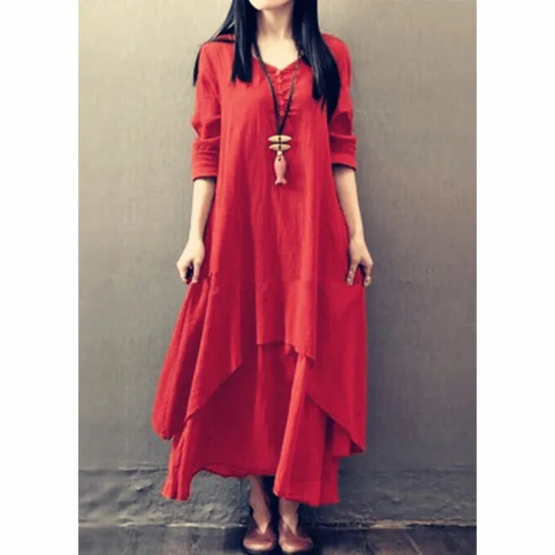 Spring Autumn Women Maxi Dresses Casual Full Sleeve Bohe Cotton Women'S Casual Fashion Loose Long With Button Solid Color Dresse