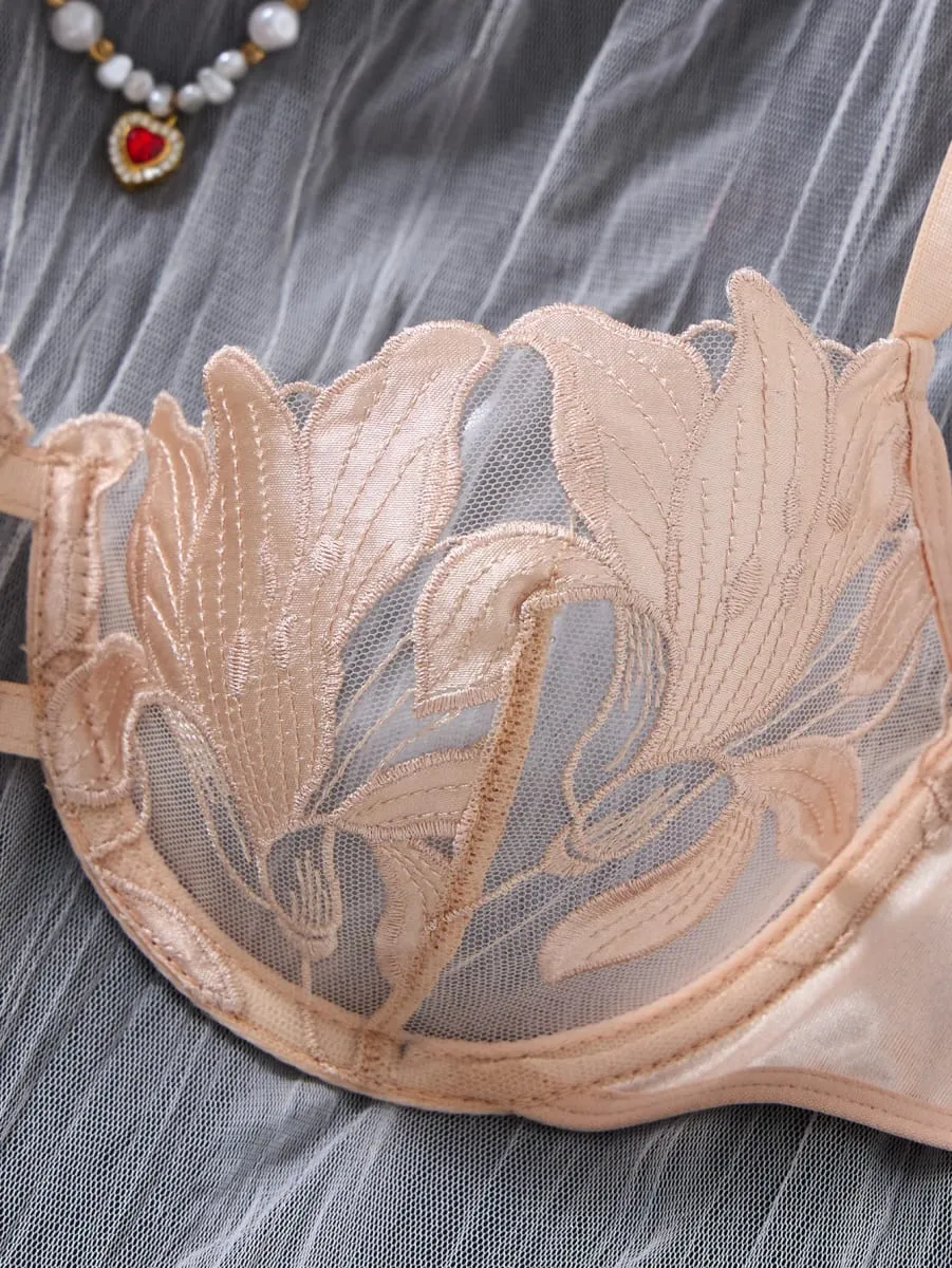 champagne Floral Embroidery Lingerie Set Satin Mesh Underwire Bra Thong Women Intimate Underwear Honeymoon Boudoir ZA824031