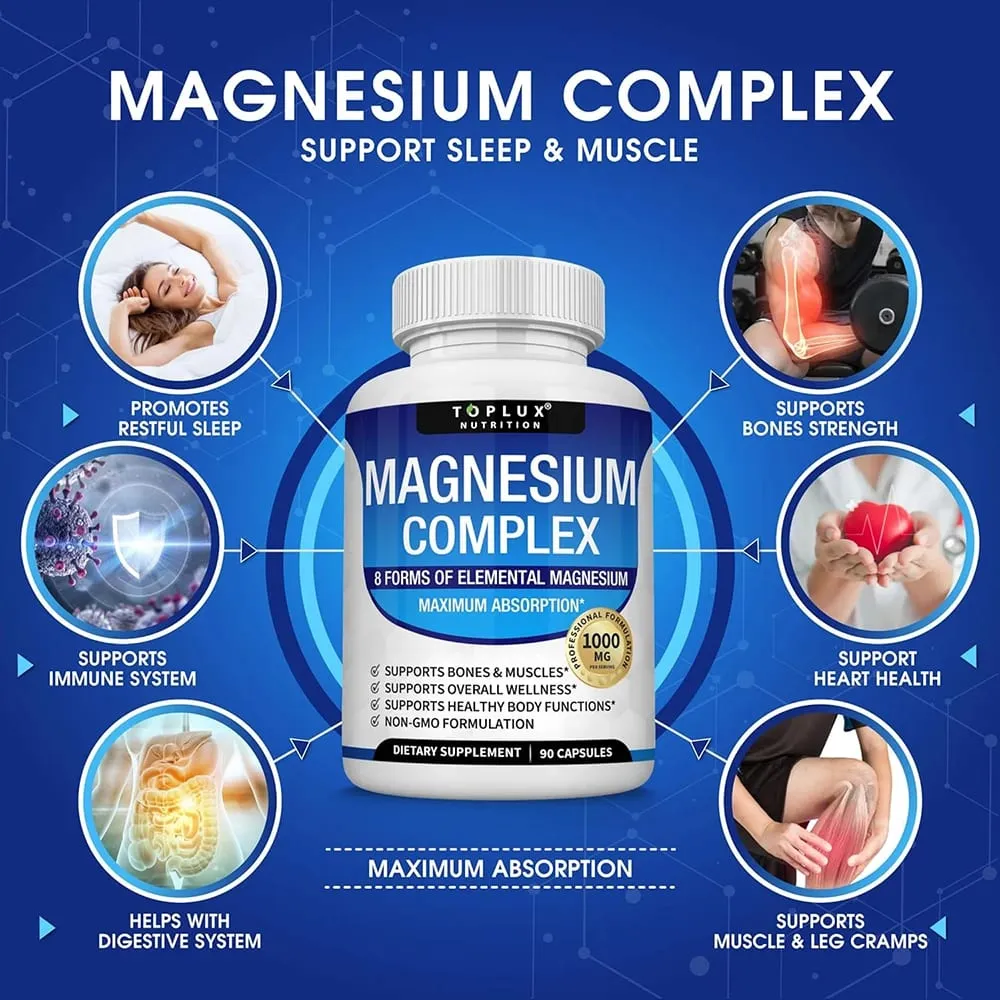 Premium Magnesium Complex Supplement 1000mg Magnesium Glysinate 525mg Blood Sugar Complex 940mg Moringa Capsules 1200mg Non-GMO