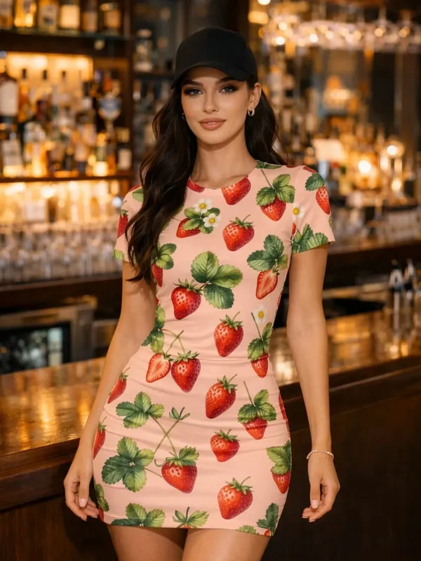 Bayan Kısa Kollu Bodycon Mini Elbise Slim Fit Ekip Boyun Çiçek Baskı Rahat Yaz Parti Sevimli Tatlı Tatil Clubwear Sundress